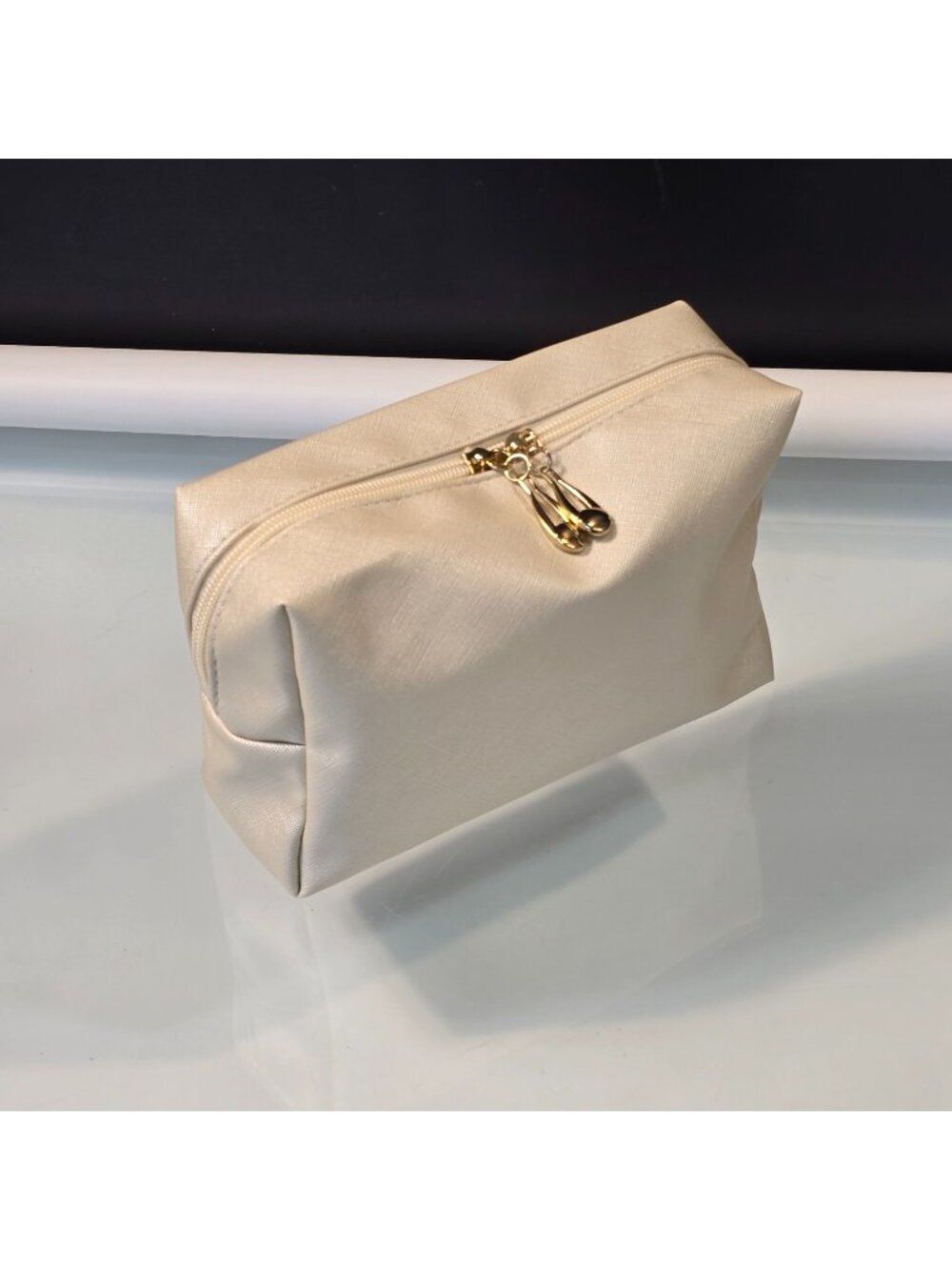 Waterproof PU Leather Beige Case Travel Makeup Bag 2 Gold-Toned Zipper Pulls
